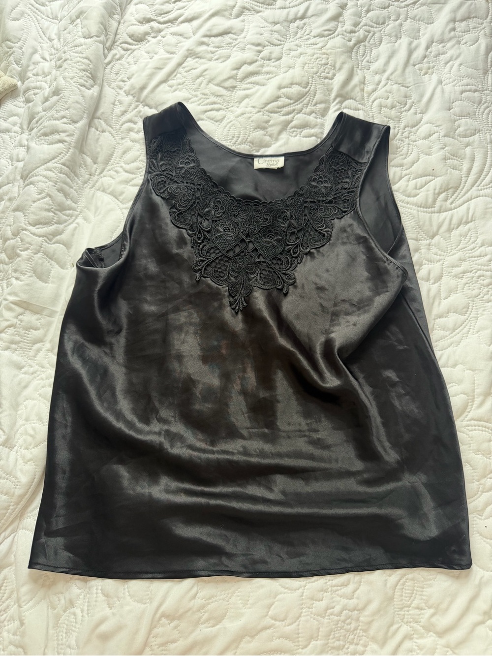 Vintage Cinema Etoile Black Lace-Trim Satin Sleeveless Top